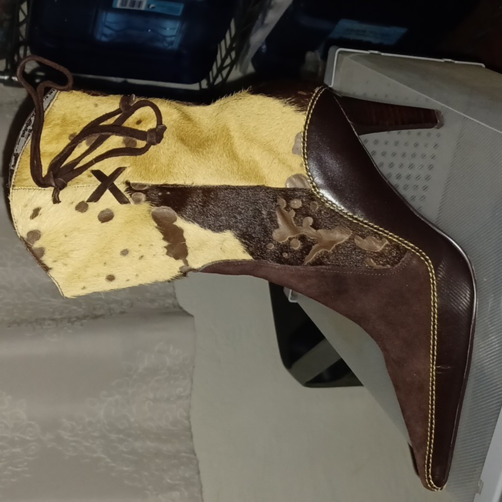 Women's mid calf boots, brown multi, suede, leather and cowhide
